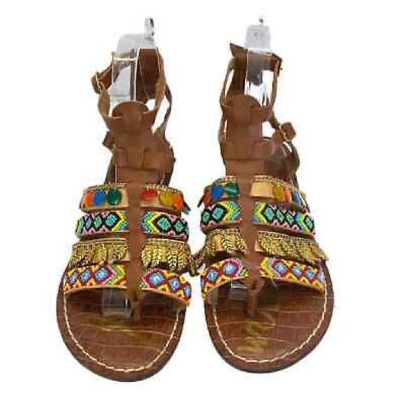 SAM EDELMAN Lanai Embellished Strappy Flat Sandals In Saddle - Picture 7 of 14